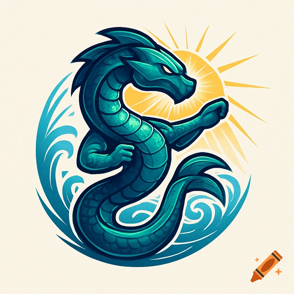 A stylized teal sea serpent in a strong pose, with a yellow sun and blue waves in the background, designed as a logo.