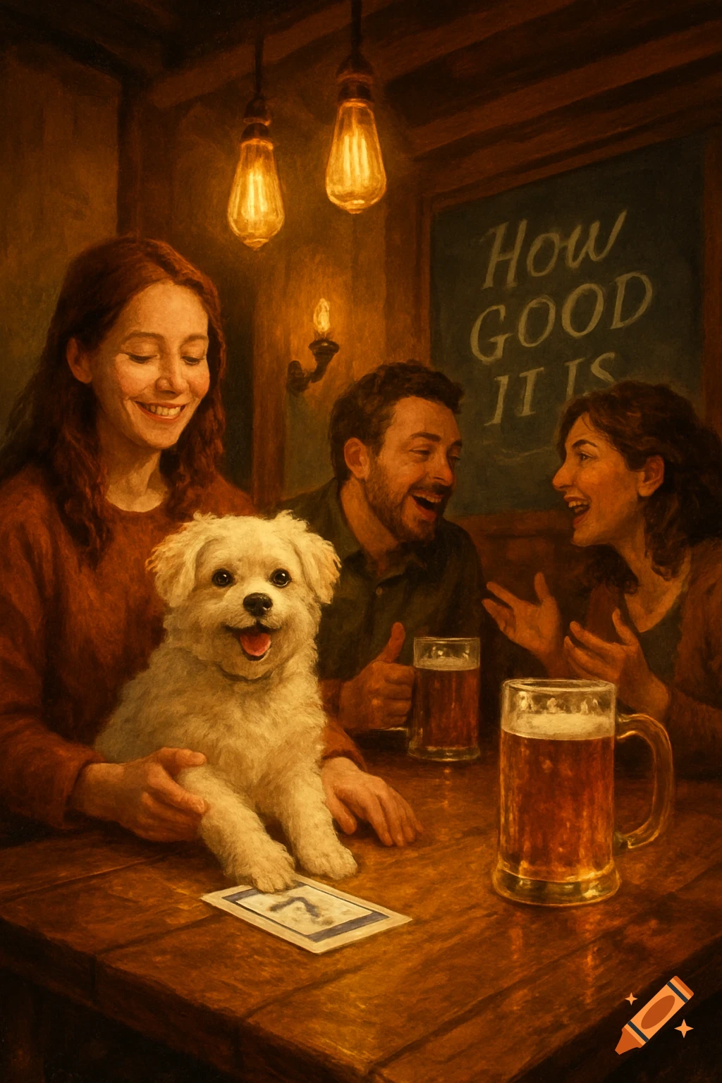 A painterly scene of three people and a fluffy white dog at a pub table with beer mugs. Text on a chalkboard reads "How Good It Is" in the background.