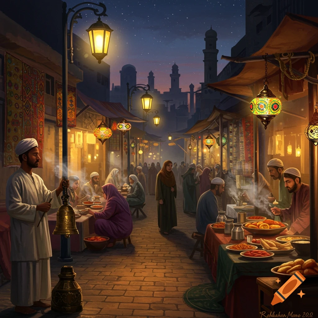 A vibrant night market scene in an old city, with people, food stalls, and lanterns under a starry sky. A person rings a bell.