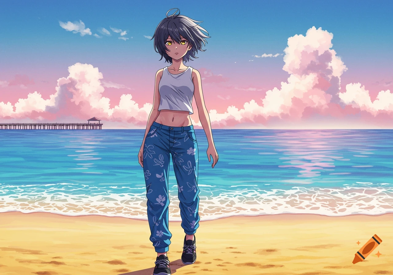 An anime tomboy with short dark hair and yellow eyes walks on a sandy beach with the ocean and a pier in the background.