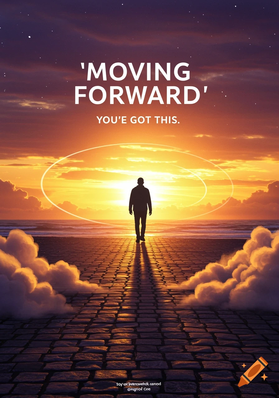 A person's silhouette walks on a stone path towards a vibrant sunset over the ocean, with the text 'MOVING FORWARD' and 'YOU'VE GOT THIS' above.