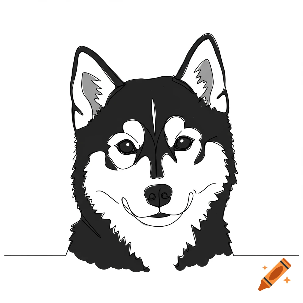 A minimalist black and white single-line art illustration of a husky's head.