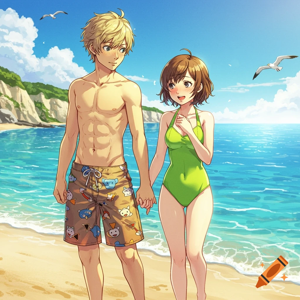 A young man and woman in anime style, holding hands and blushing on a sandy beach with blue water and seagulls under a sunny sky.