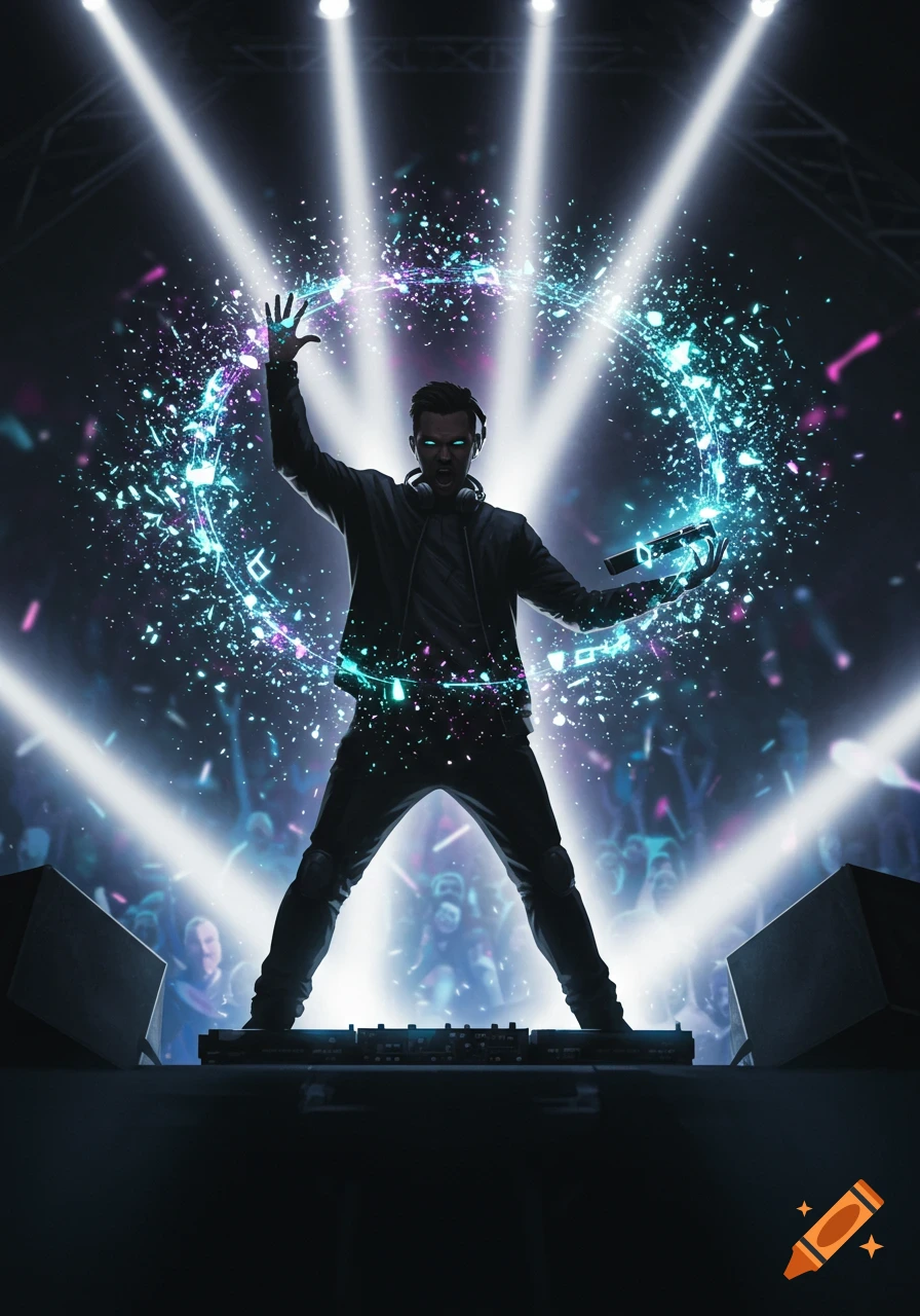 A DJ on stage with glowing blue and purple particles forming a circle around him, illuminated by bright spotlights.