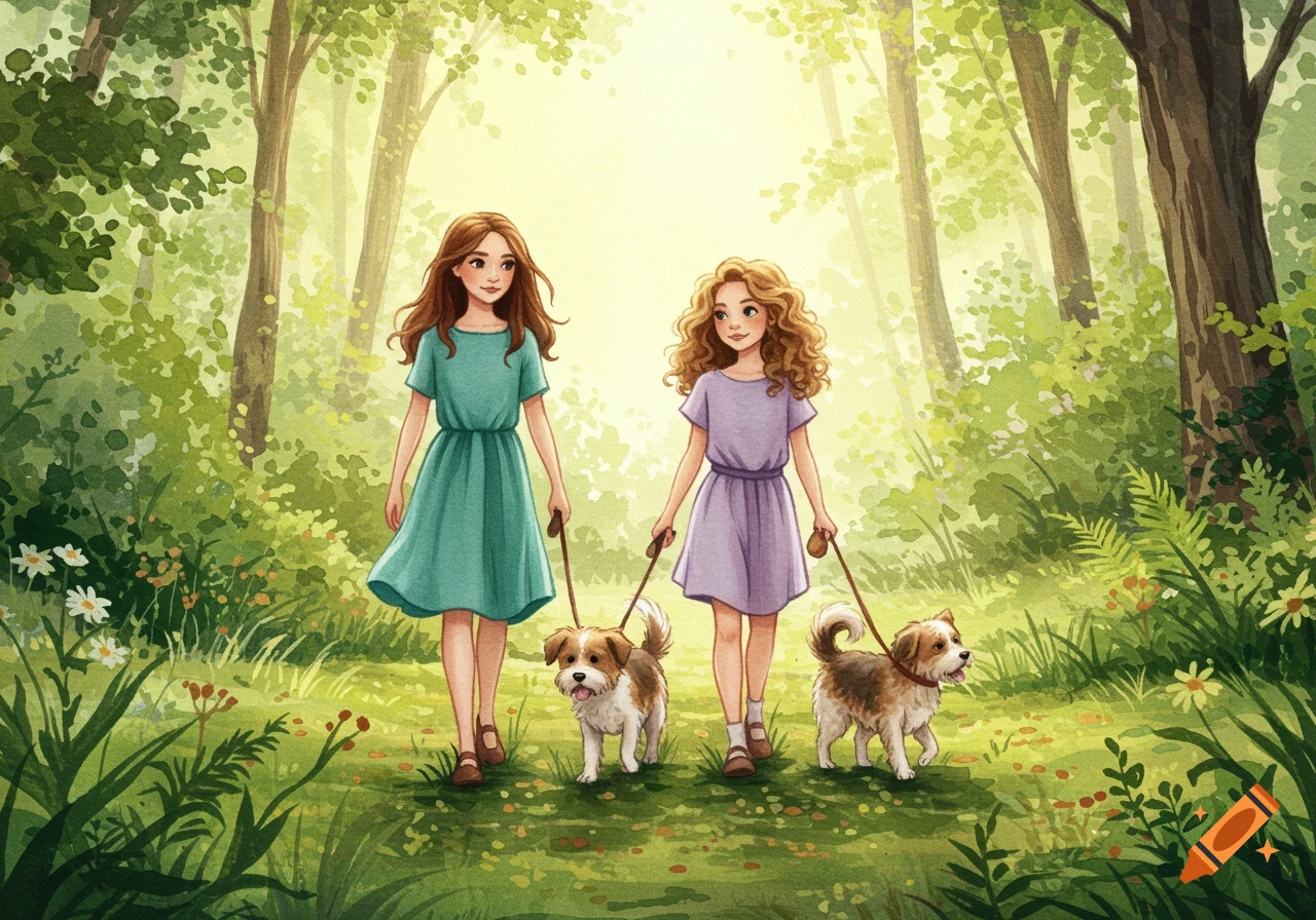 Two girls walk two dogs through a sunny forest in a watercolor illustration.