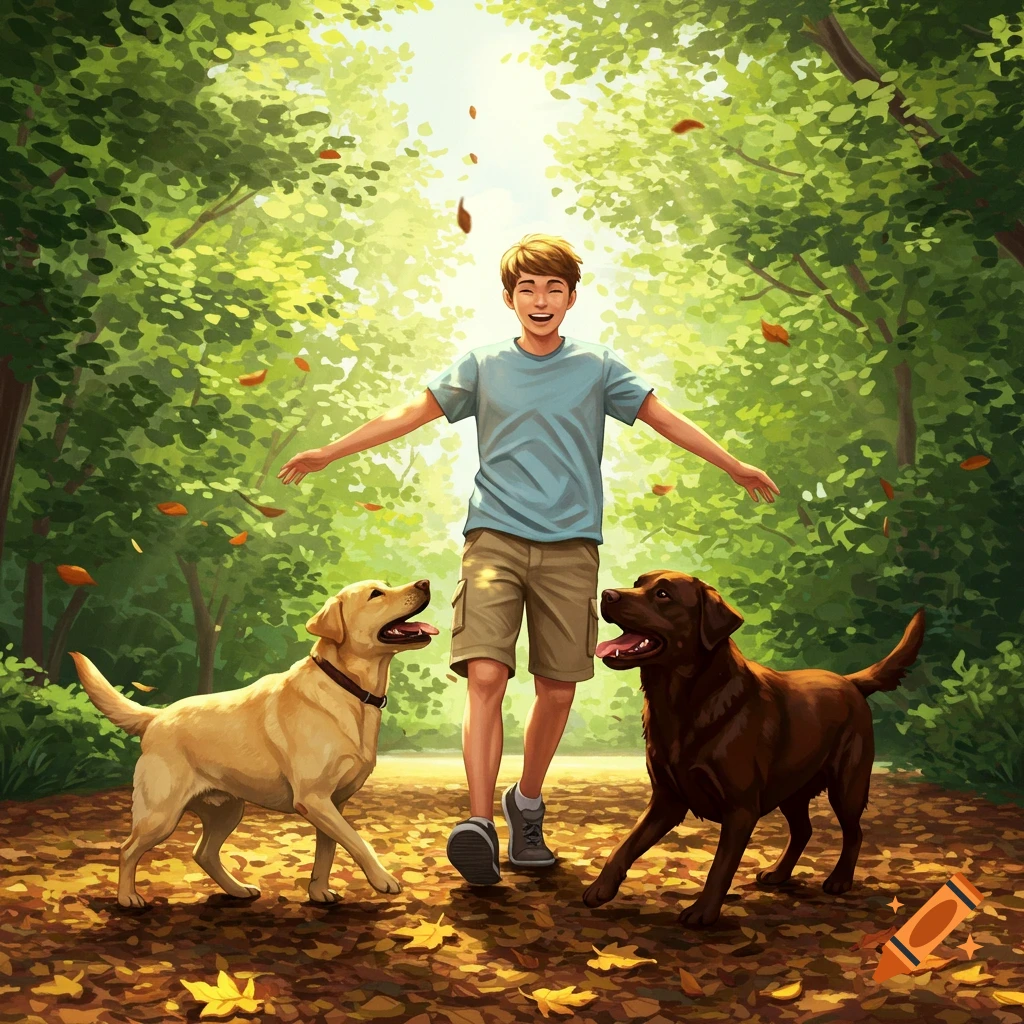 An illustration of a young man with two Labradors in a forest with falling leaves.