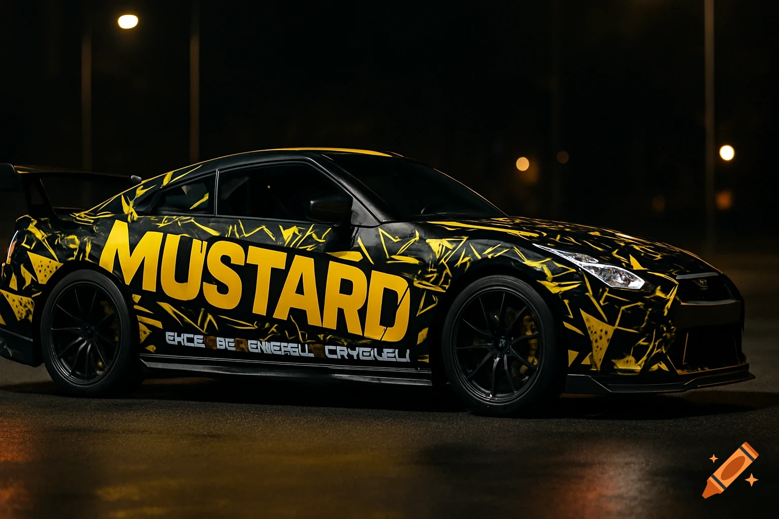 A black and yellow custom-wrapped Nissan GTR R35 with the word 'MUSTARD' on its side, parked at night.