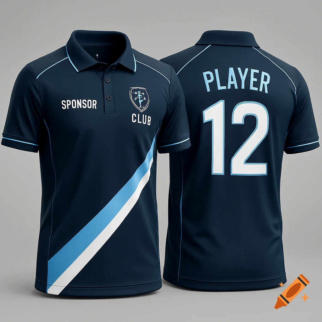 A dark navy blue polo shirt with light blue and white stripes on the front, featuring "SPONSOR" and "CLUB", and "PLAYER 12" on the back.