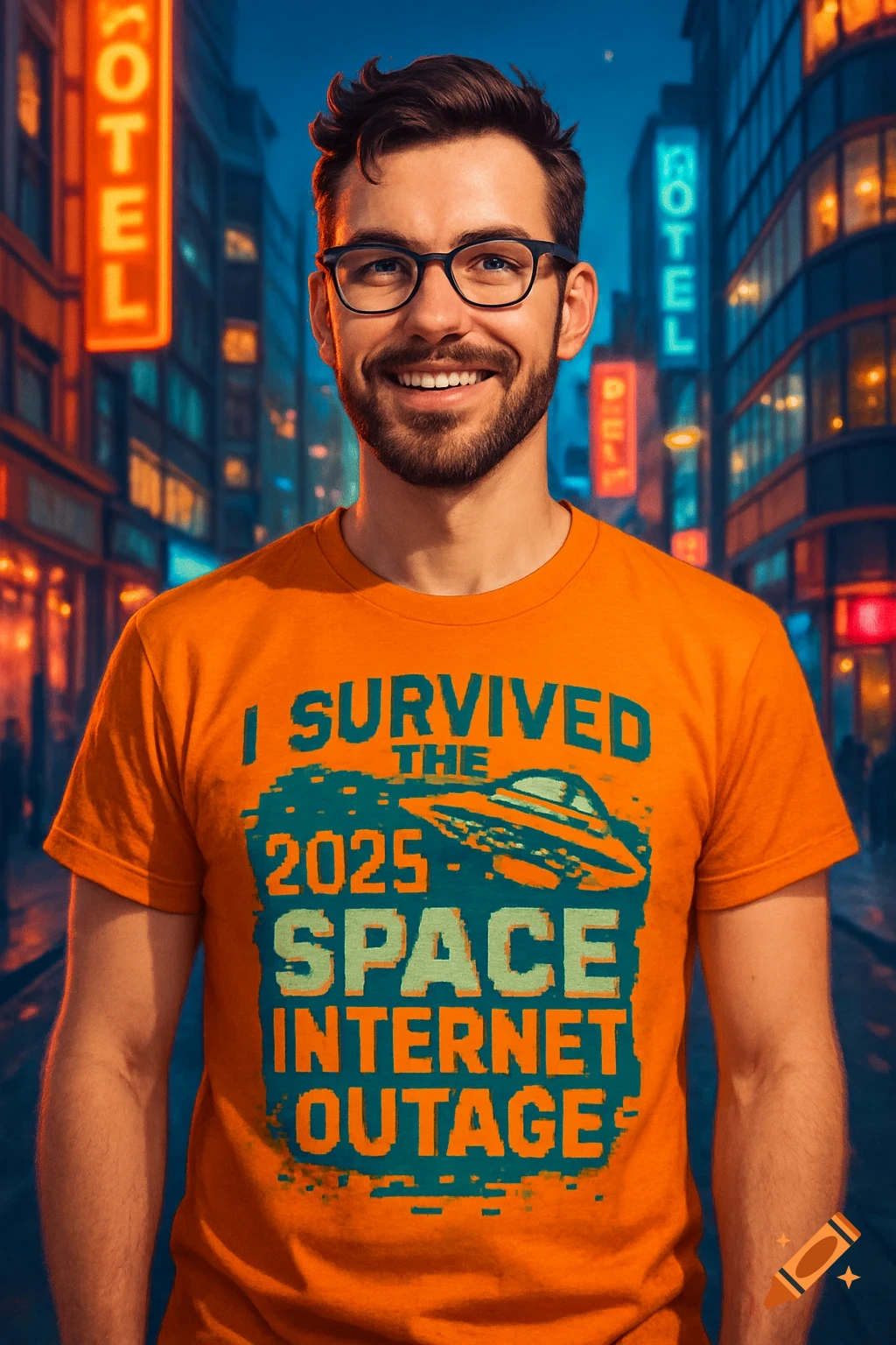 A smiling man with glasses and a beard wears an orange t-shirt with the text "I SURVIVED THE 2025 SPACE INTERNET OUTAGE" in a pixelated font, standing on a neon-lit street at night.