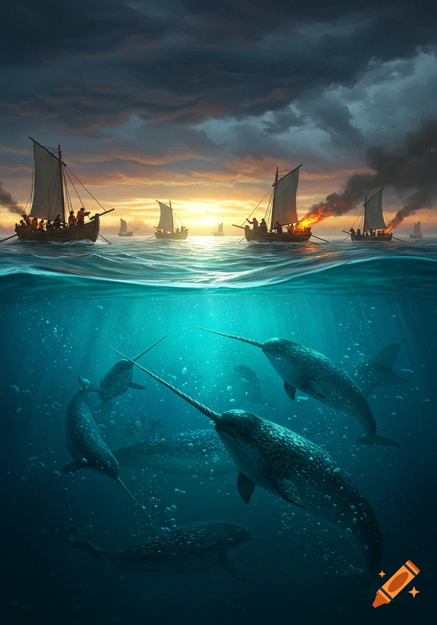 A fantasy painting showing narwhals underwater and sailing boats, one aflame, above water at sunset.