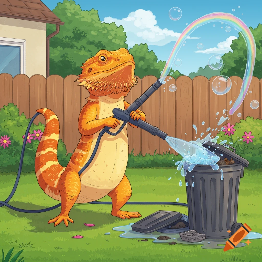 A cartoon bearded dragon uses a pressure washer to clean an overflowing trash can in a backyard.