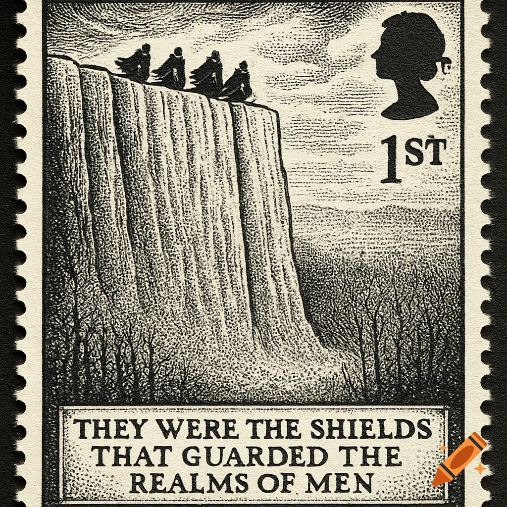A black and white postage stamp illustration in blackwork tattoo style, featuring cloaked figures atop a towering cliff, with a forest below.