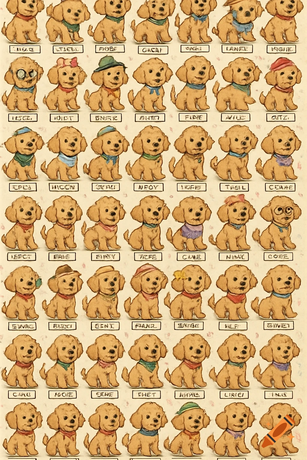 A grid of 50 cartoonish goldendoodle puppies, each with unique accessories like hats, scarves, and bows, with gibberish text underneath each.