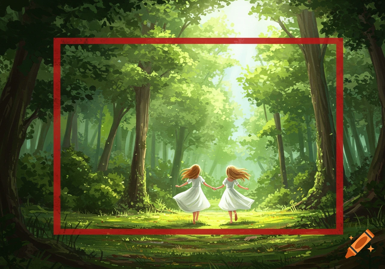 Two young girls in white dresses run hand-in-hand through a vibrant, sunlit forest, framed in red.