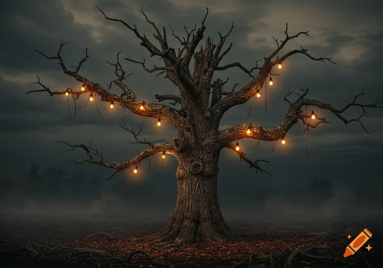 A large, barren tree with glowing string lights on its branches stands in a dark, misty landscape under a cloudy sky.