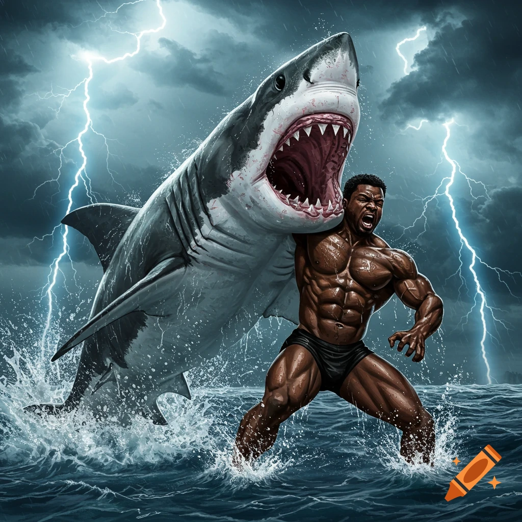 A muscular black man chokeslams a great white shark in a stormy ocean with lightning.