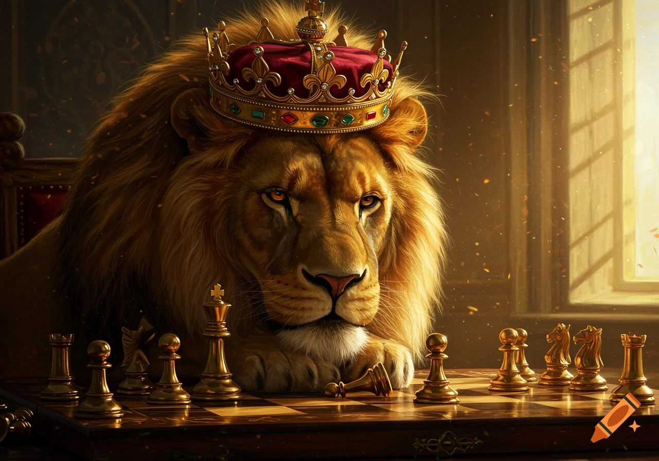 A majestic lion wearing a regal crown sits contemplating a game of chess on a wooden board, in a realistic oil painting style.