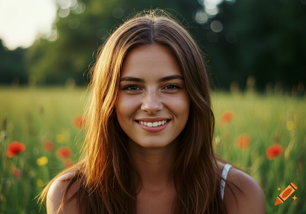 A young woman with long brown hair smiles directly at the camera in a sunny field with wildflowers.