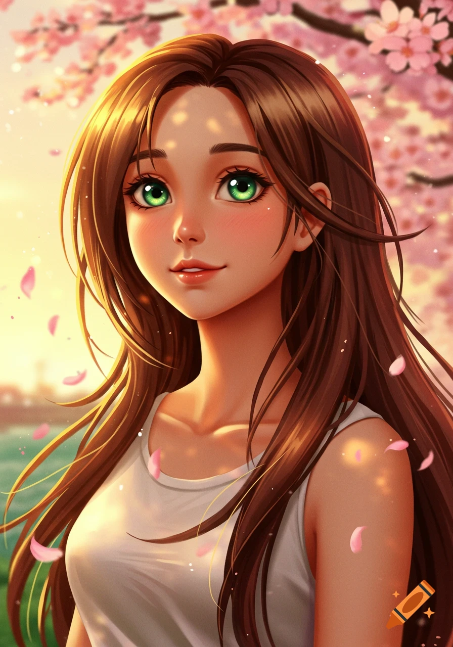 An anime girl with long brown hair and green eyes smiles under pink cherry blossoms.