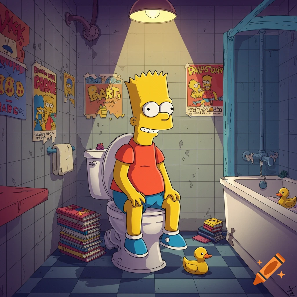 Cartoon Bart Simpson sits on a toilet in a grimy bathroom with posters and rubber ducks.