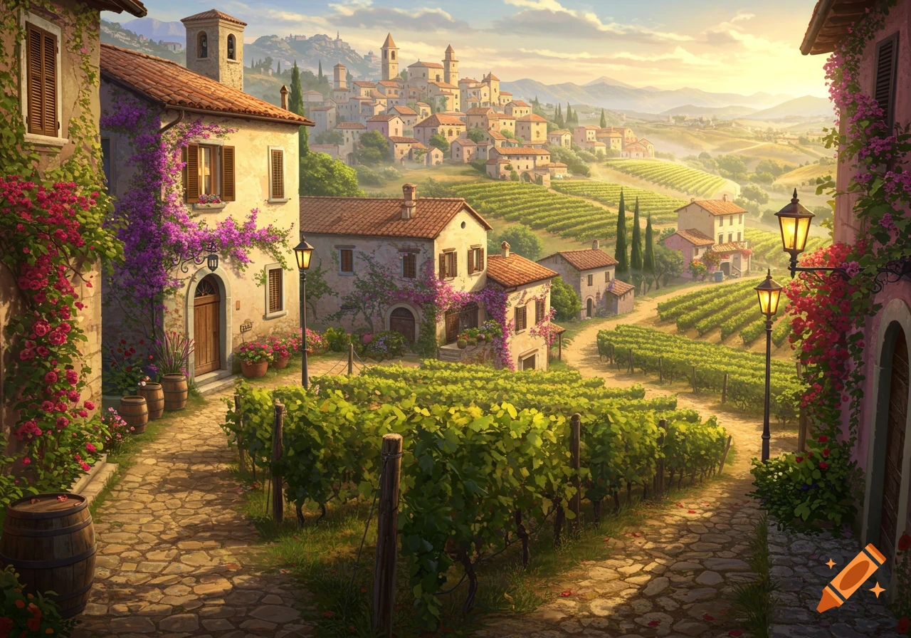 A picturesque fantasy town with terracotta-roofed buildings nestled among rolling green vineyards under a bright sky.