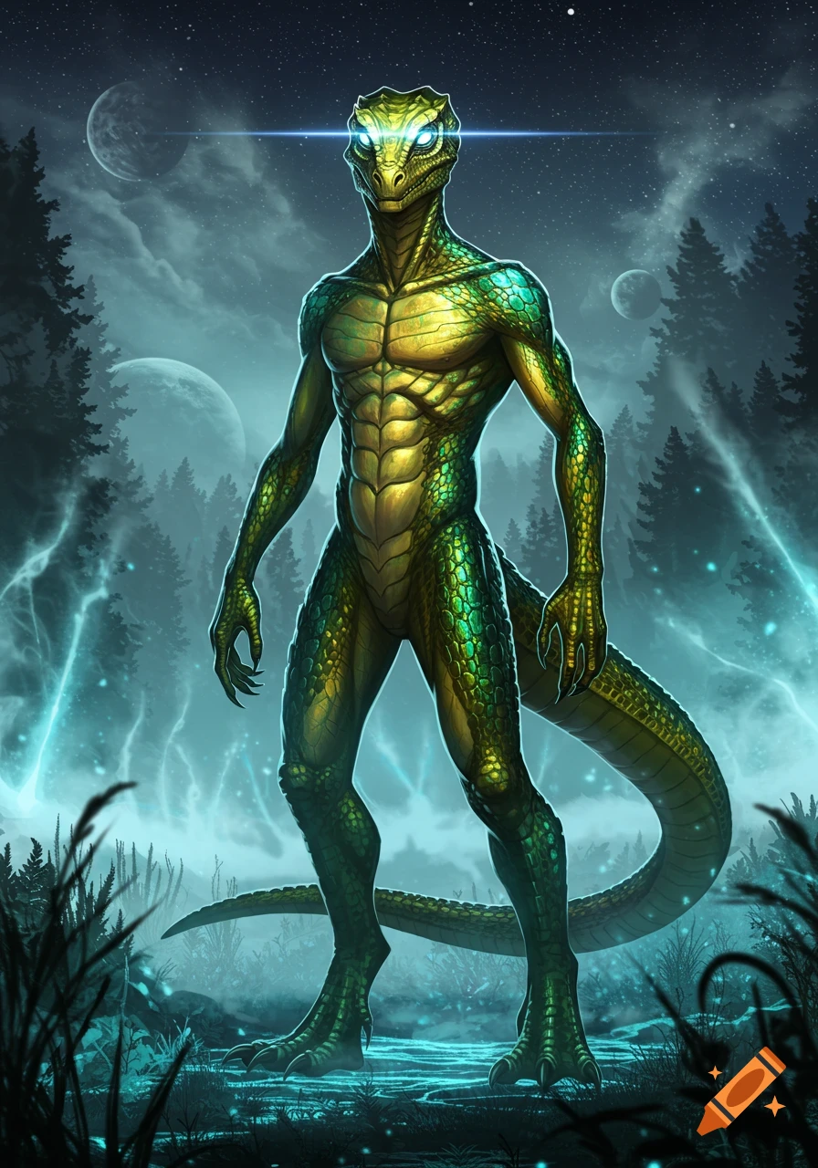 A muscular, bipedal reptilian creature with green and gold scales and glowing eyes stands in a misty forest under a night sky with multiple moons.