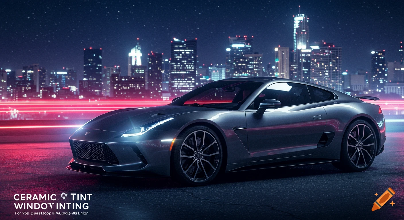 A sleek silver sports car is parked on an illuminated city street at night, with blurred red light trails and a glowing skyline in the background.