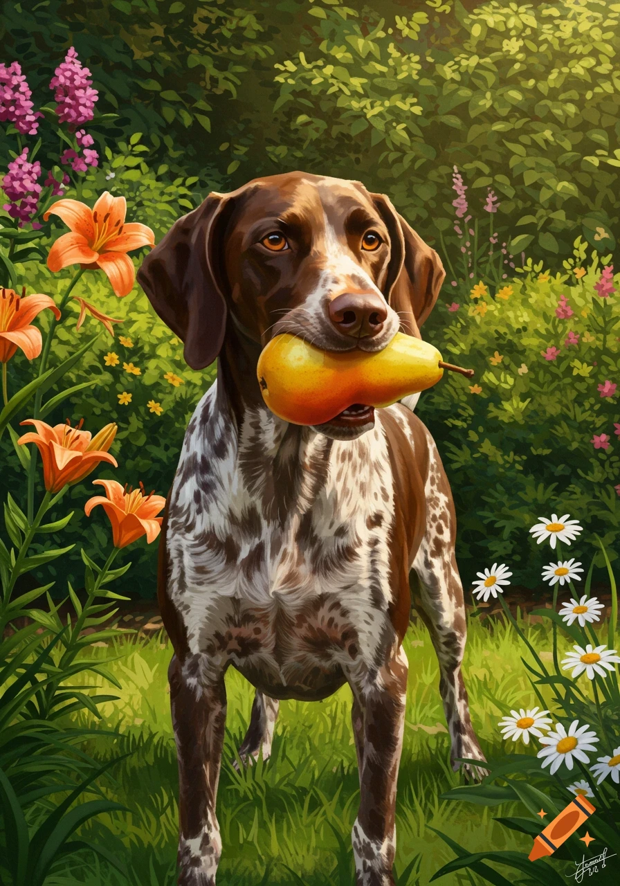 A brown and white German Shorthaired Pointer dog stands in a lush garden, holding a yellow and red pear in its mouth.