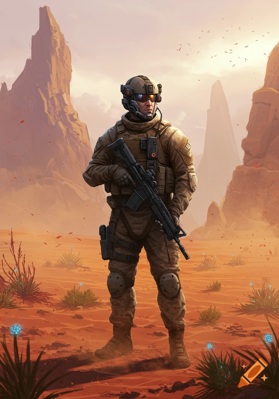 A futuristic military operator in desert camouflage stands in a rocky, alien desert landscape.