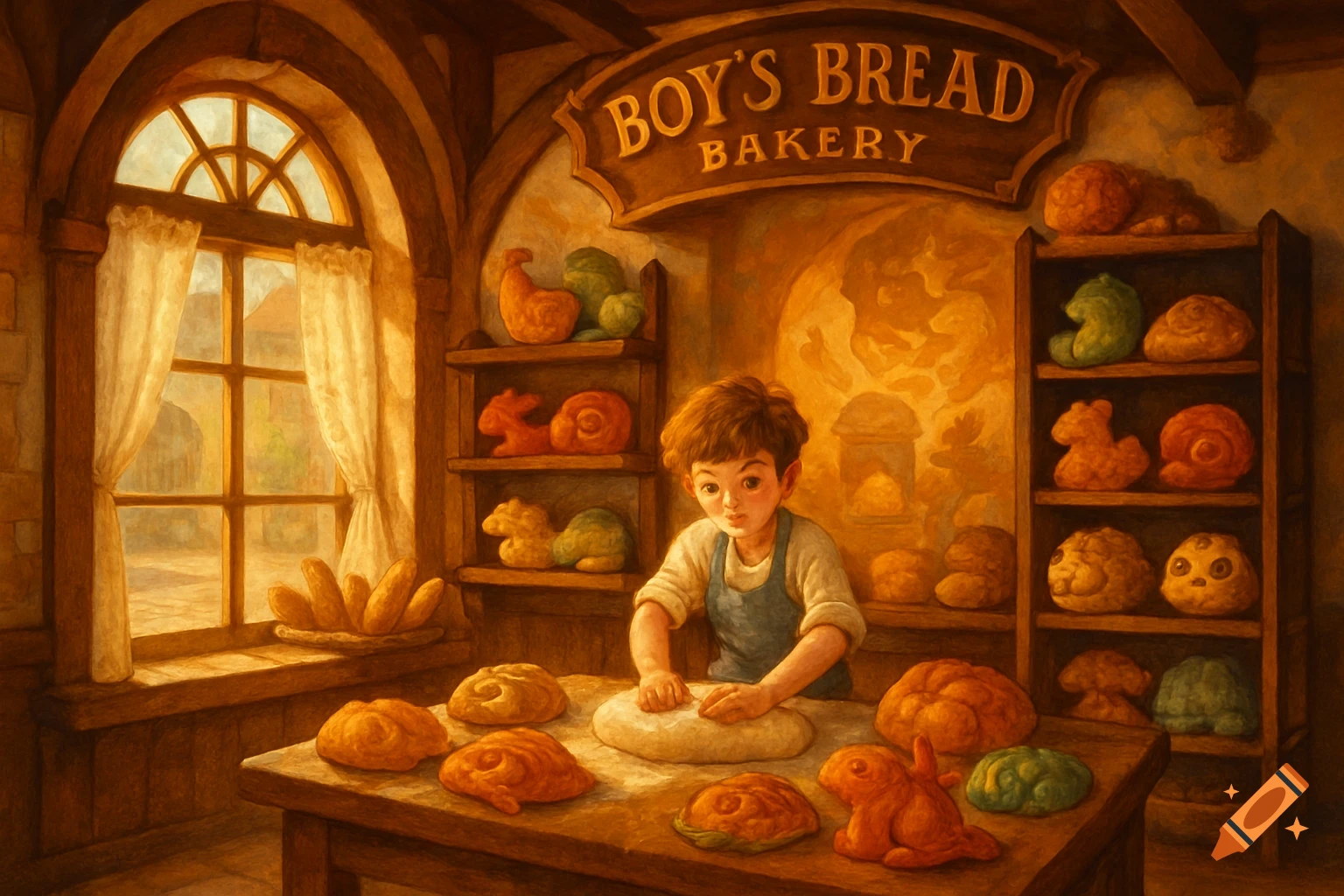 A young boy bakes bread in a whimsical, warmly lit bakery with a sign reading 'BOY'S BREAD BAKERY,' in a painterly style.