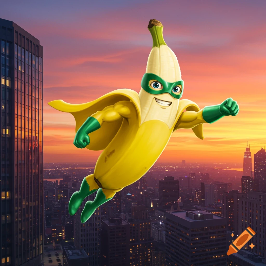 A cartoon superhero banana with a green mask and cape flies over a city skyline at sunset.