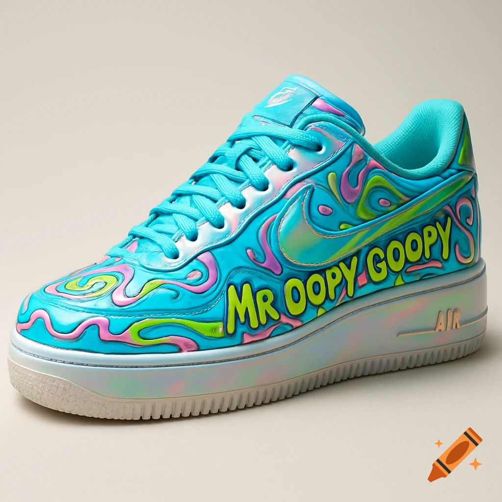 A vibrant blue Nike Air Force sneaker with swirling pink and green "Oopy Goopy" designs and "MR OOPY GOOPY" in yellow text on its side.