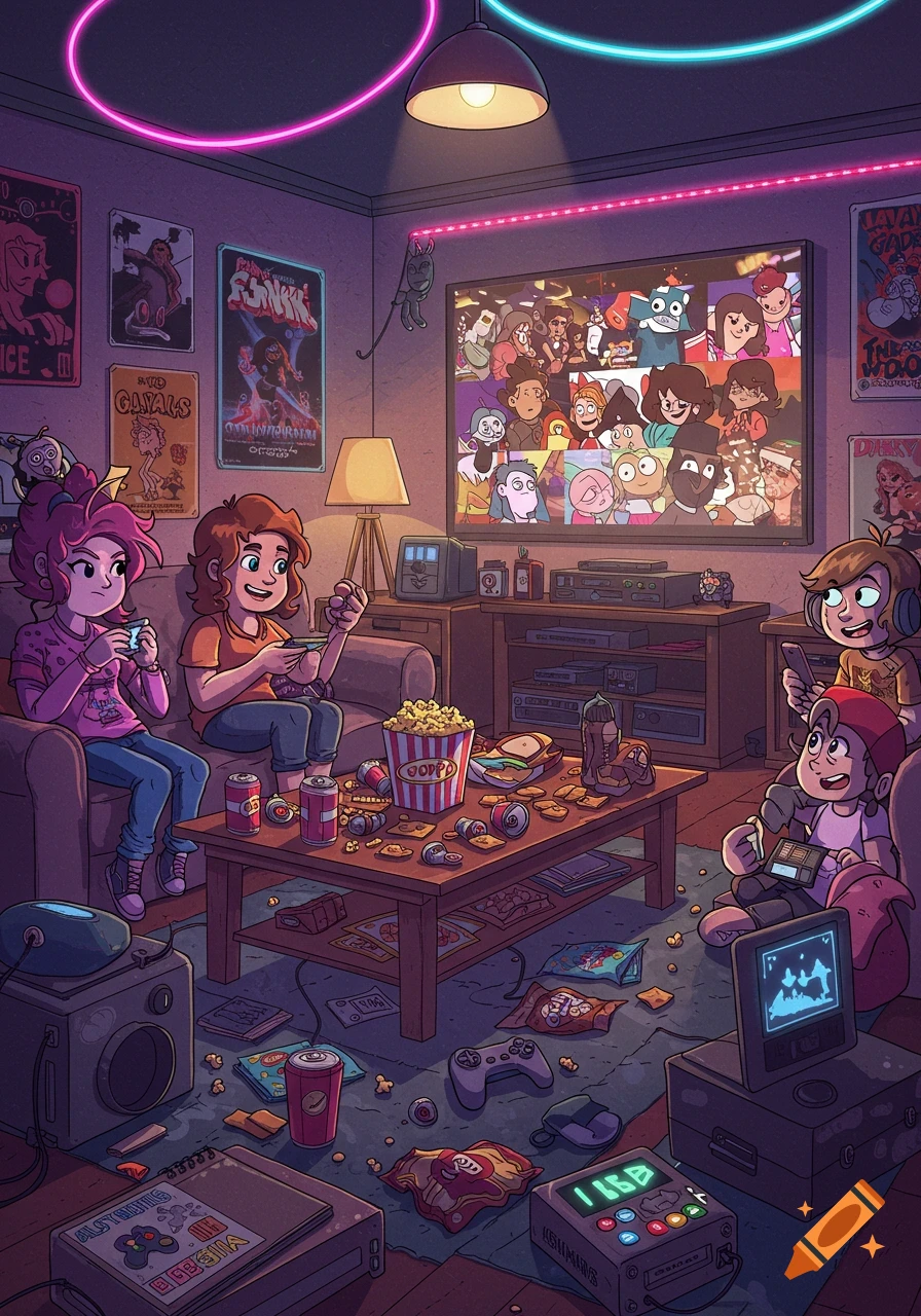 An illustration of four cartoon kids playing video games in a neon-lit, messy living room, surrounded by snacks and retro consoles.