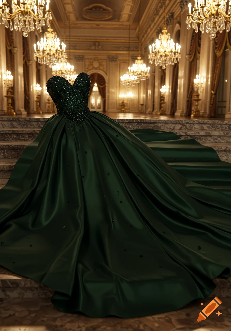 A deep midnight green ball gown with an embellished bodice and a long train on marble stairs in a grand ballroom.