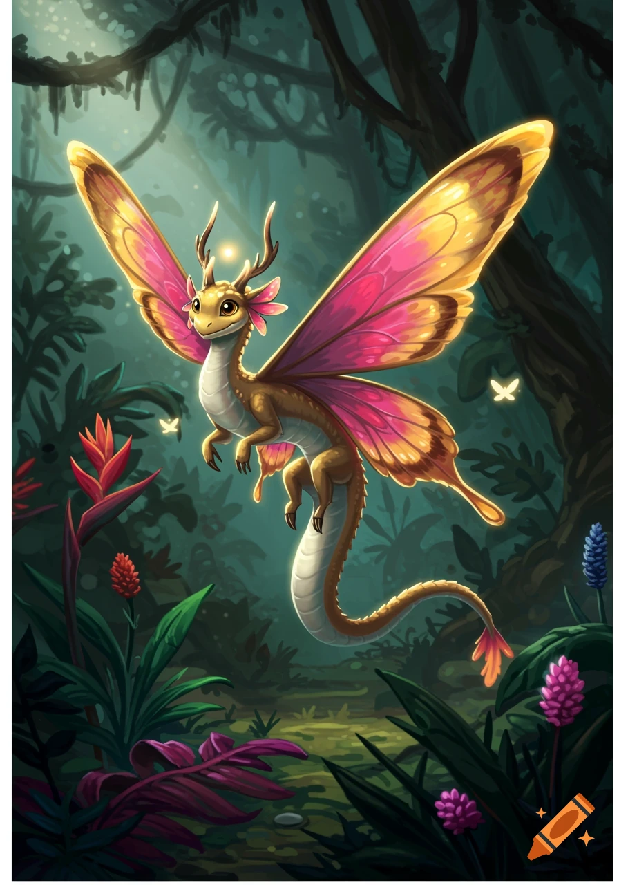 A cute, stylized fantasy dragon with large pink and gold butterfly wings and small antlers flies through a lush, dark green jungle.