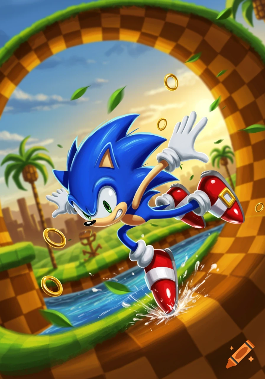 Sonic the Hedgehog dashes through a loop in a vibrant Green Hill Zone, splashing water and collecting rings.