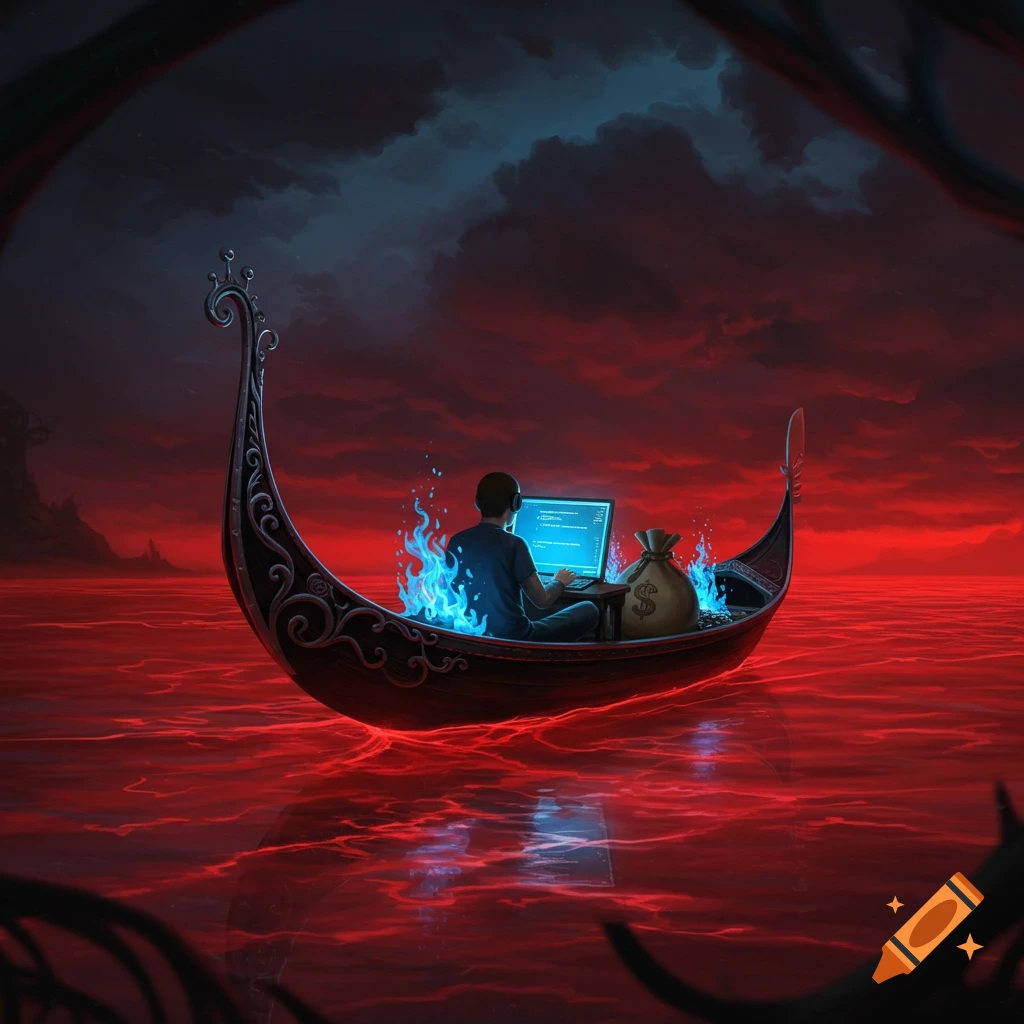 A dark fantasy illustration of a person on a gondola, engulfed in blue flames, coding on a laptop next to a bag of money on a blood-red sea under a dark, stormy sky. The scene is framed by dark, gnarled branches.