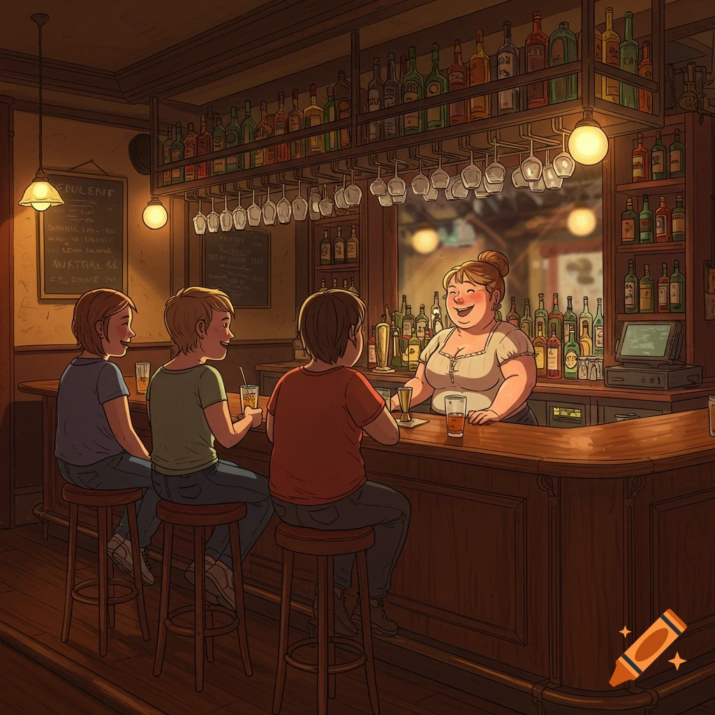 A cartoon illustration of a plump female bartender smiling behind a bar, serving three youthful patrons sitting on stools with their backs to the viewer.