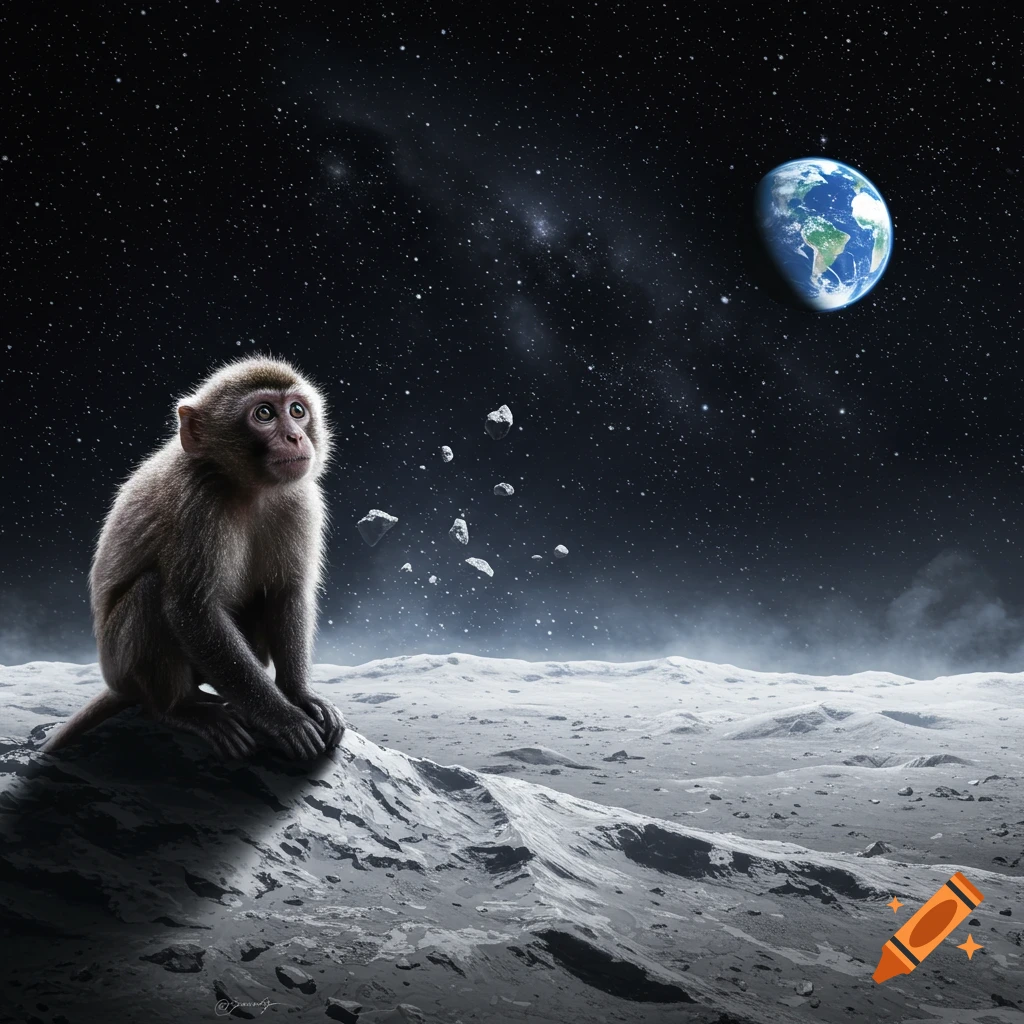A monkey sits on the moon's surface, looking up at Earth and floating rocks in the starry night sky.