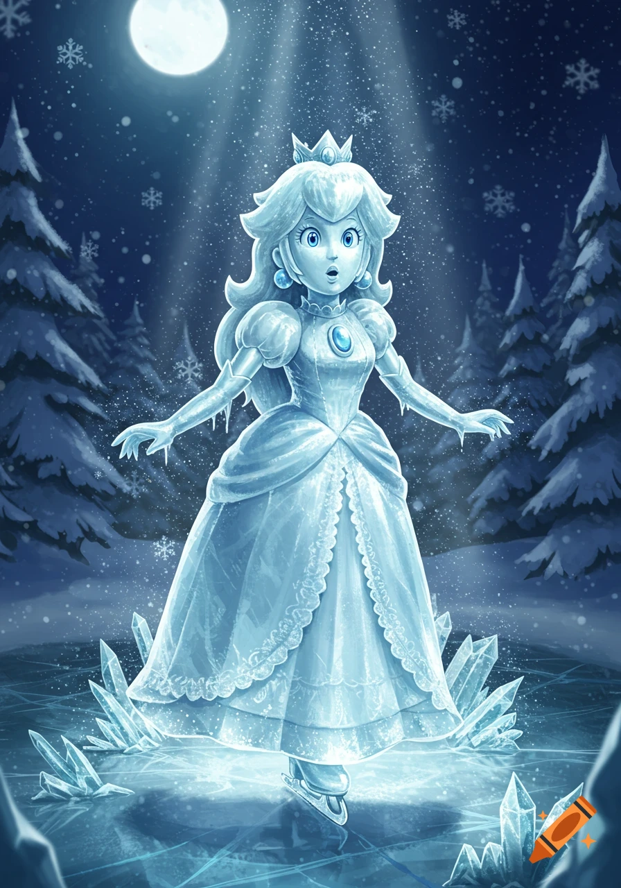 Princess Peach as an ice statue on skates with a surprised expression in a moonlit winter forest, illustration.