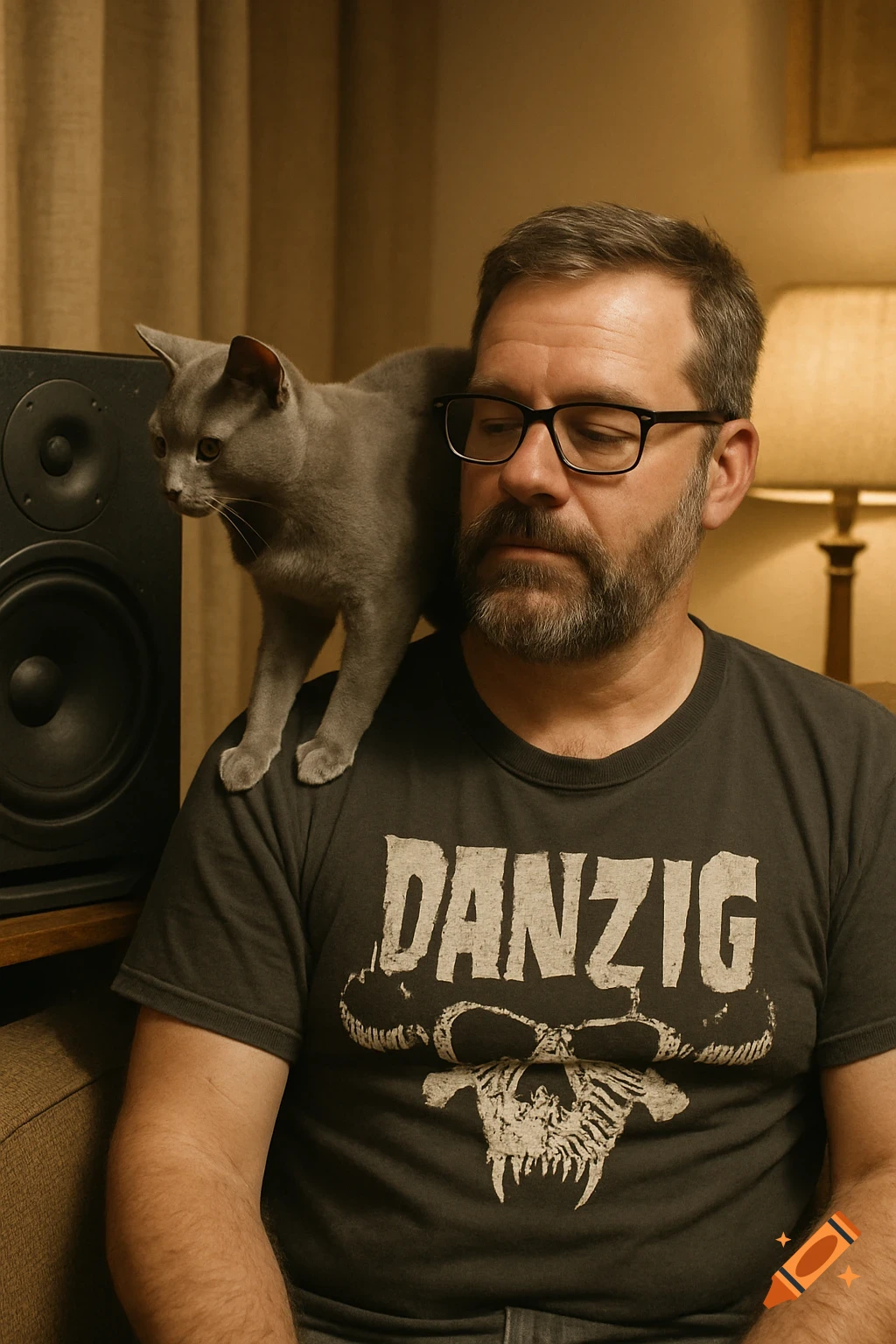 Photorealistic image of a man with a beard and glasses wearing a 'Danzig' t-shirt, with a gray cat on his shoulder, next to a speaker.
