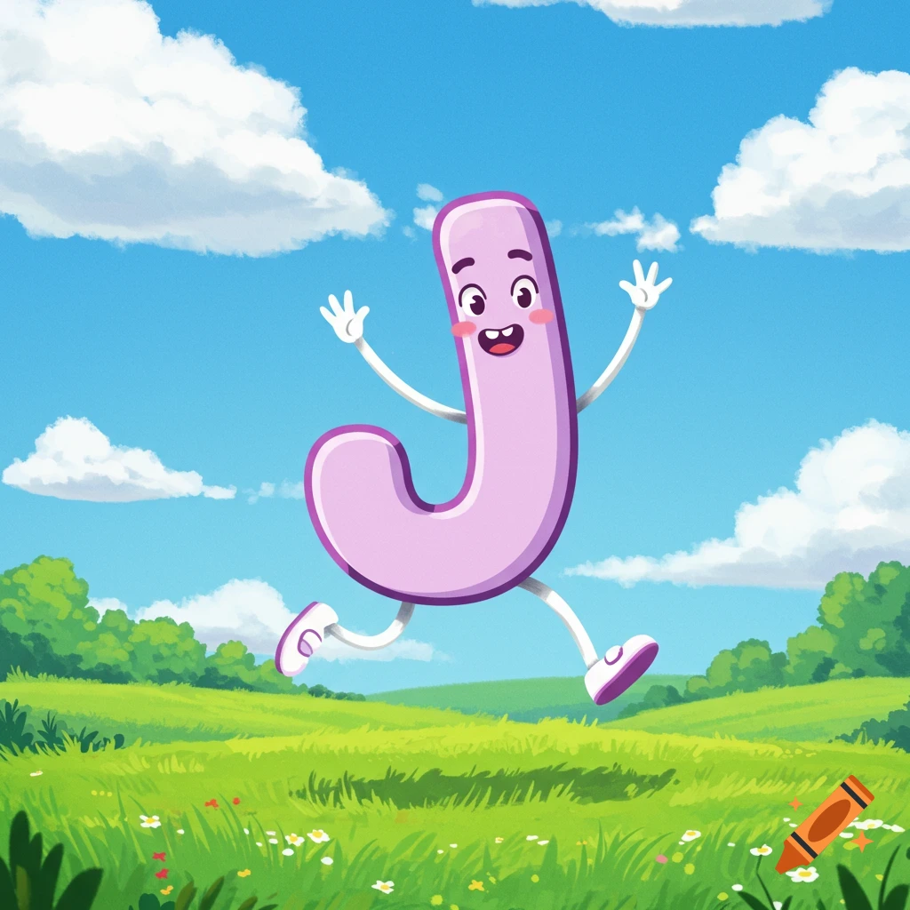 A cartoon light purple lowercase letter J with a face, arms, and legs jumps joyfully in a green field under a blue sky with white clouds.