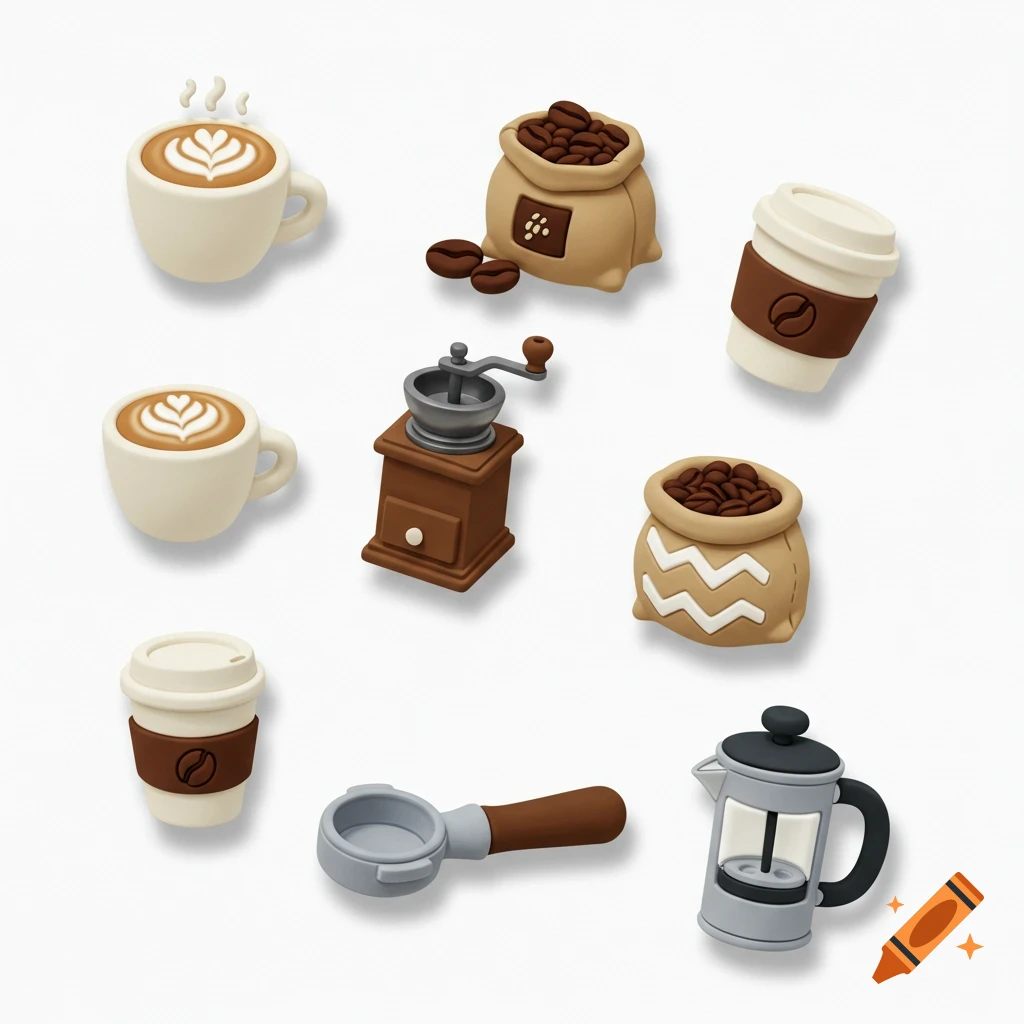 A collection of stylized coffee-themed jibbitz-style objects on a white background.
