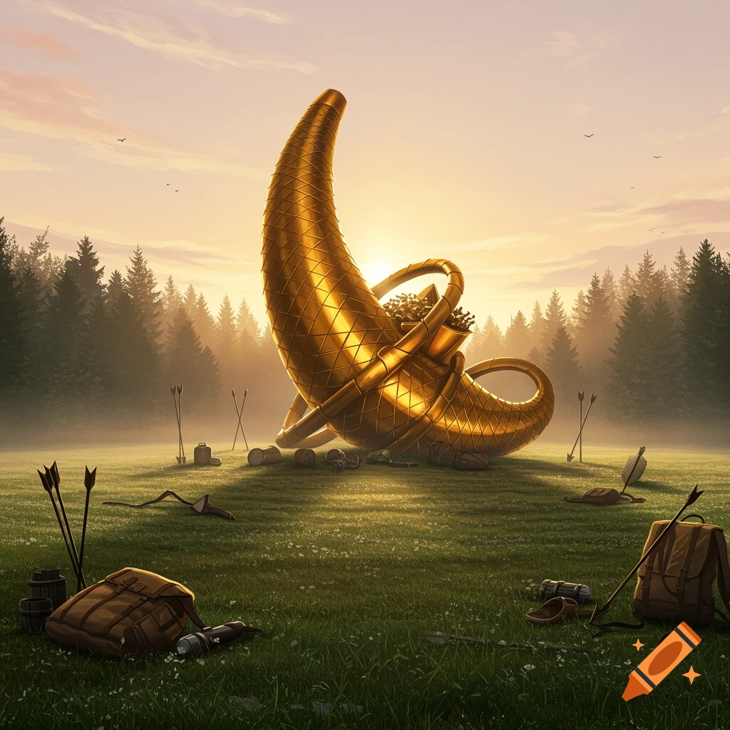A large golden cornucopia on a grassy field at sunrise, with arrows and camping gear scattered around.