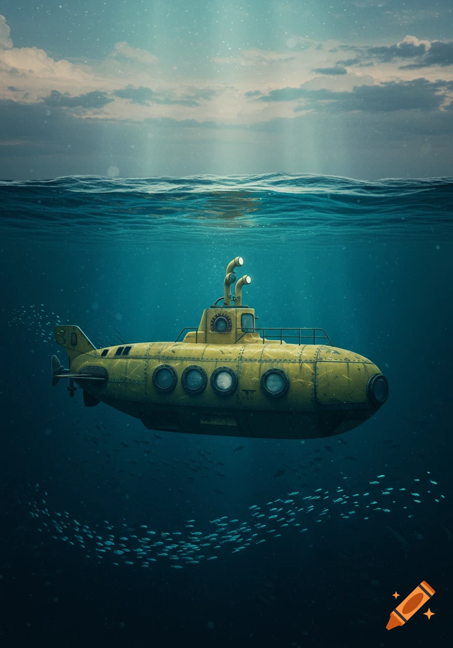 A vibrant yellow submarine floats in clear blue water, with light rays piercing the surface and schools of fish swimming below.