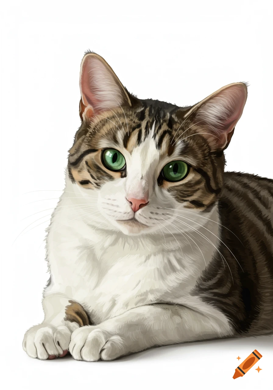 A realistic illustration of a short-haired cat with green eyes, white body, and brown tabby markings, lying calmly on a white background.