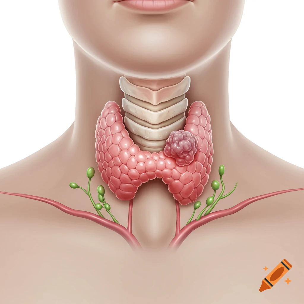 Medical illustration of a human neck showing the thyroid gland with a tumor, trachea, and blood vessels.