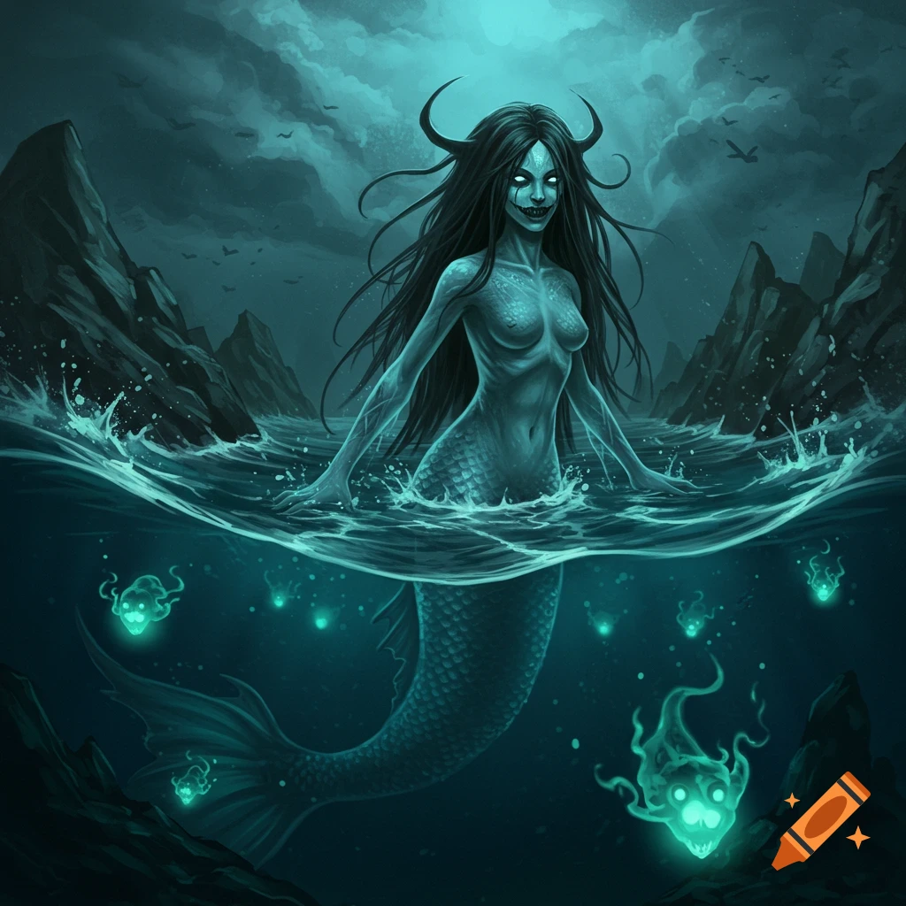 A creepy horror-style mermaid with horns and glowing eyes emerges from dark water, surrounded by eerie green spirits.
