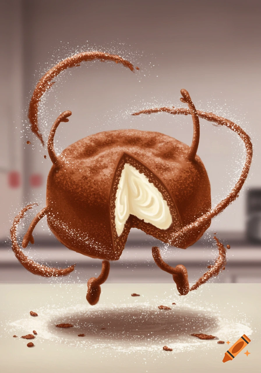 An anthropomorphic chocolate cake with a slice cut out, showing white cream filling, dances with sugar dust sprinkling around it.