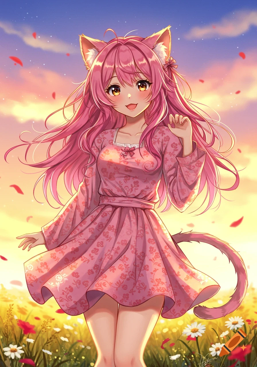 An anime girl with pink hair, cat ears, and a tail, wearing a pink floral dress in a flower field at sunset with falling petals.
